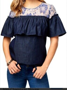 Kensie Navy Blue Lace Yoke Ruffle Blouse